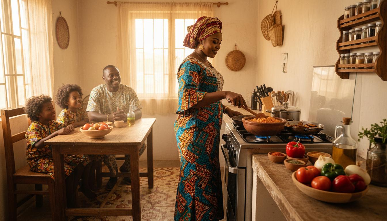 Nigerian mother cooking jollof rice for her family in a warm home kitchen